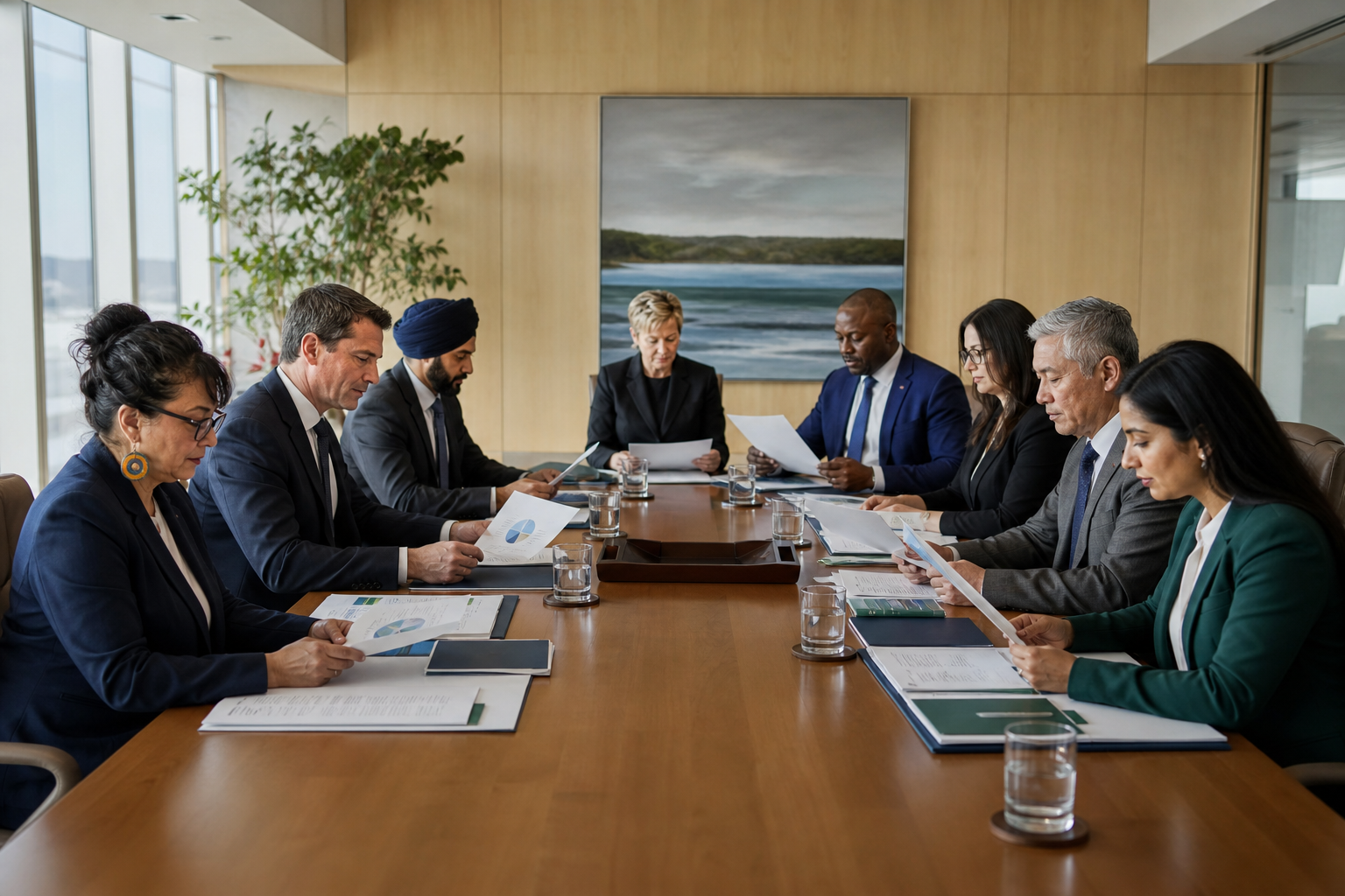 Canadian executives in a bright governance room reviewing financial decision materials