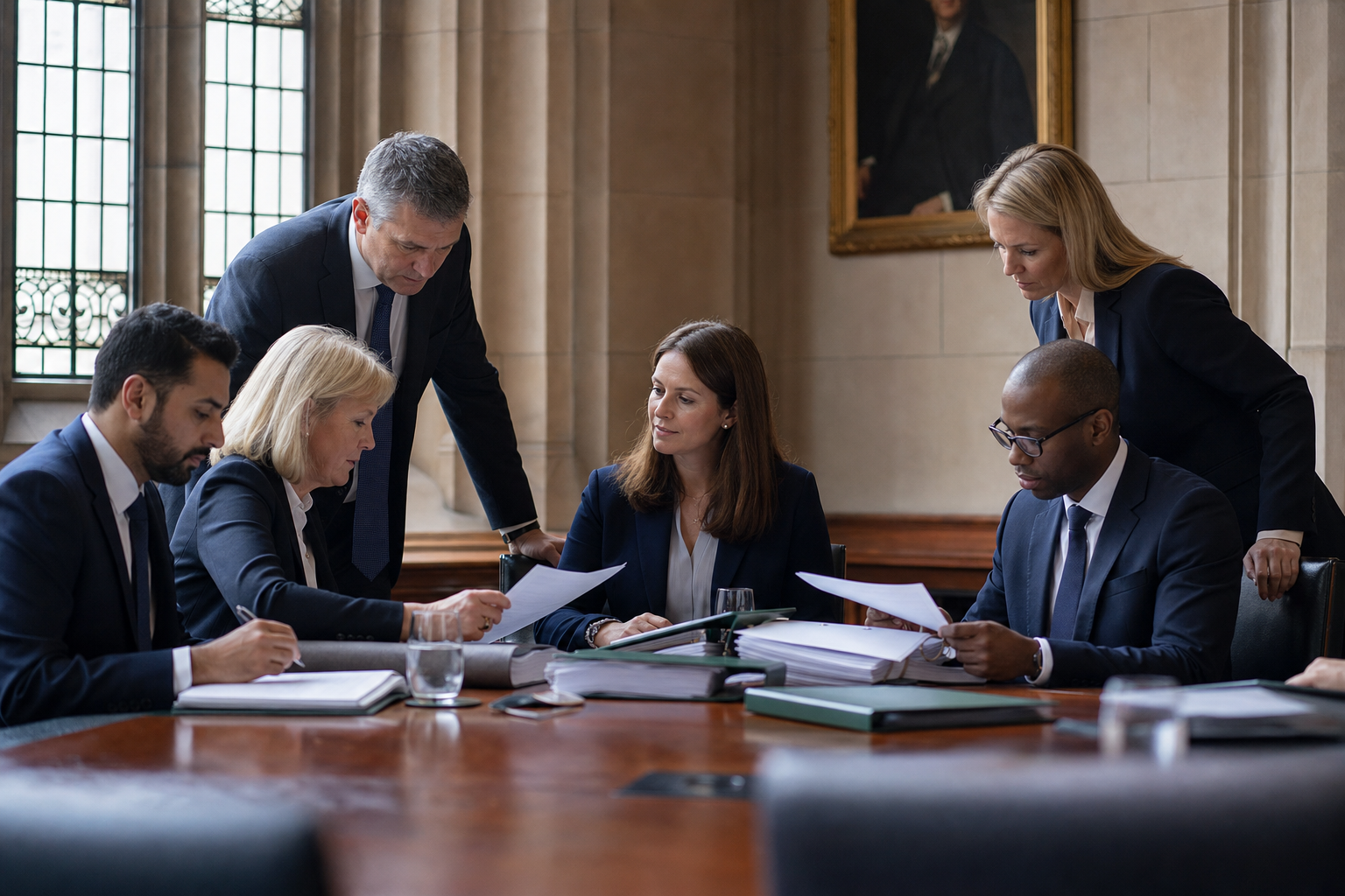 United Kingdom audit and finance professionals reviewing an assurance dossier in an institutional interior