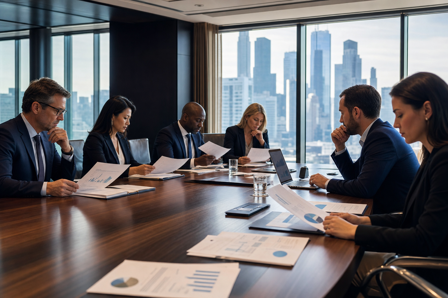 Executive boardroom reviewing financial decision packages before commitment